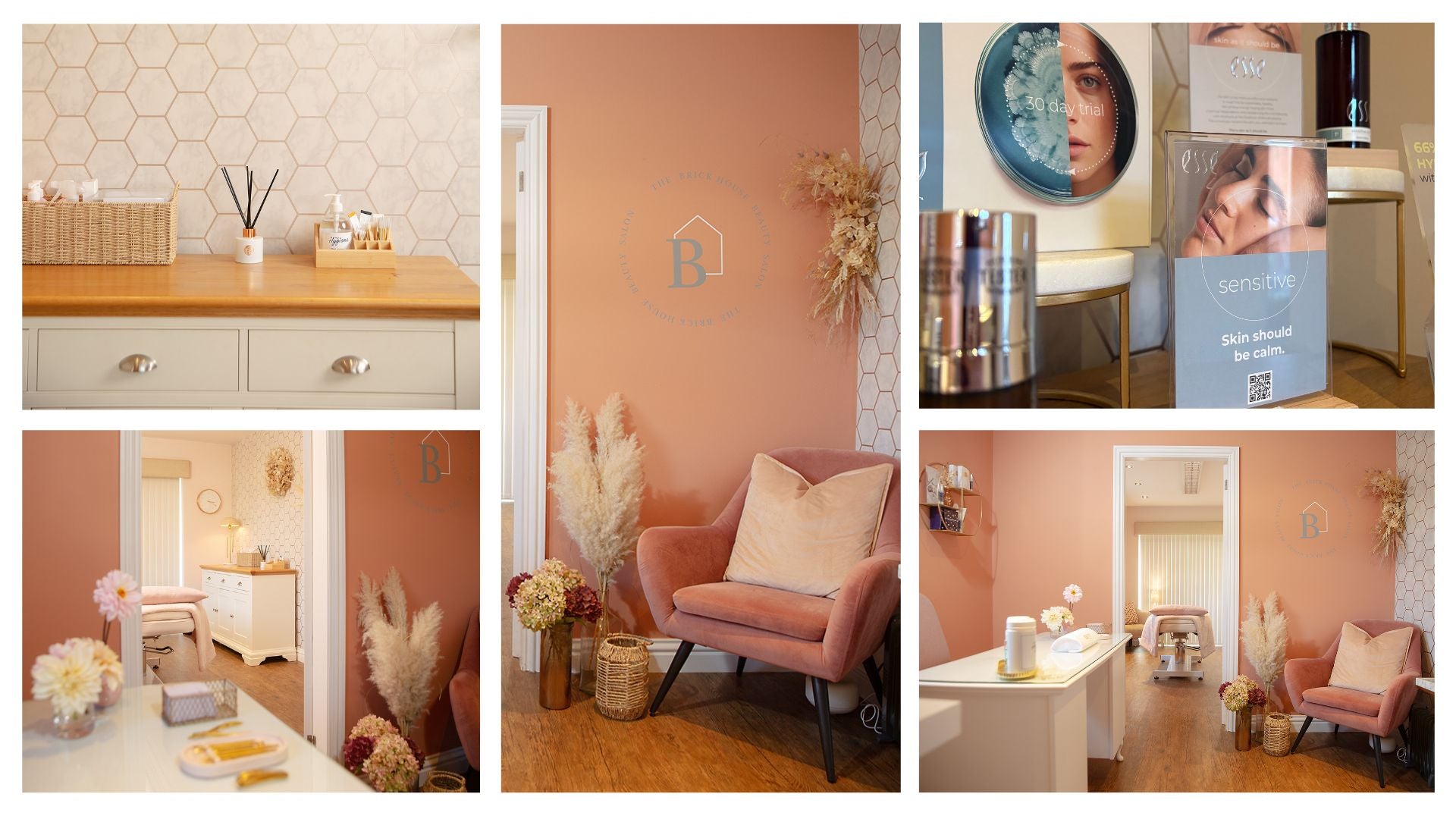 Collage of brickhouse beauty salon interior, featuring a pink armchair, decor items, and a coffee table.