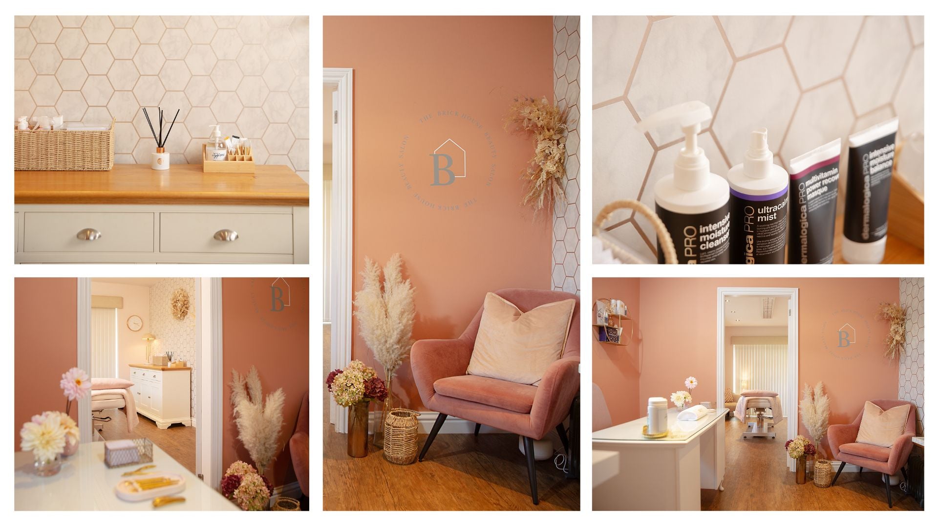 Collage of interior beauty treatment rooms at the Brickhouse Beauty Salon.